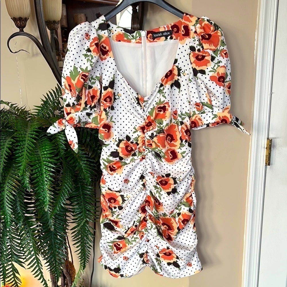 Lavish Alice White Orange Floral Polka Dot Ruched Mini Dress Puff Sleeves